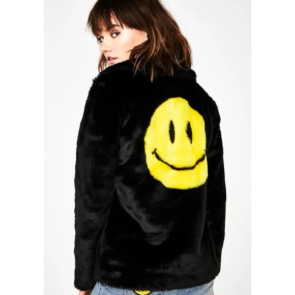 dELiA*s Jackets & Blazers - dELiA*s x Dolls Kill Black Faux Fur Jacket with Yellow Smiley